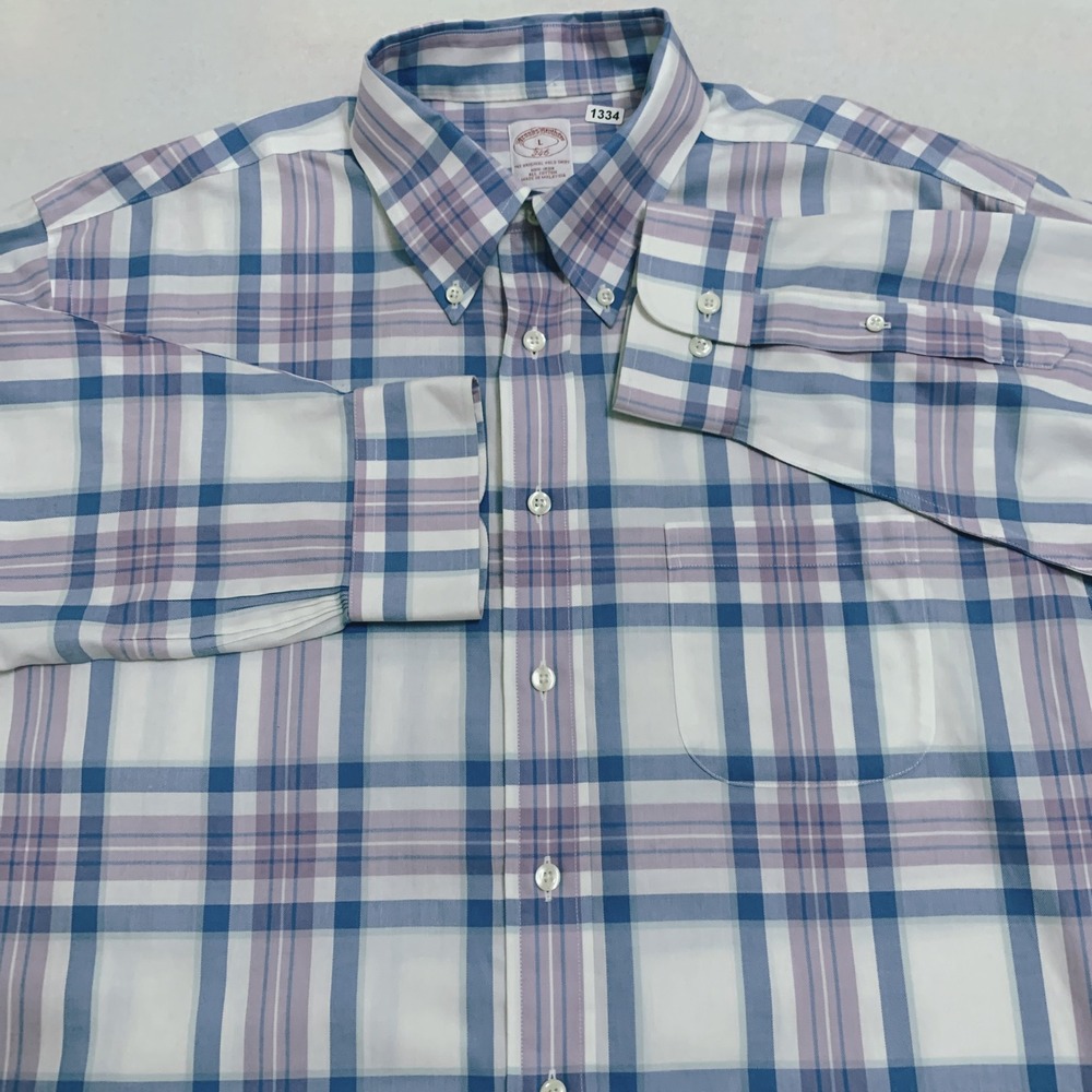 Brooks‎ Brothers 346 Button-Down Shirt Men's L Blue Purple Plaid Non-Iron Cotton